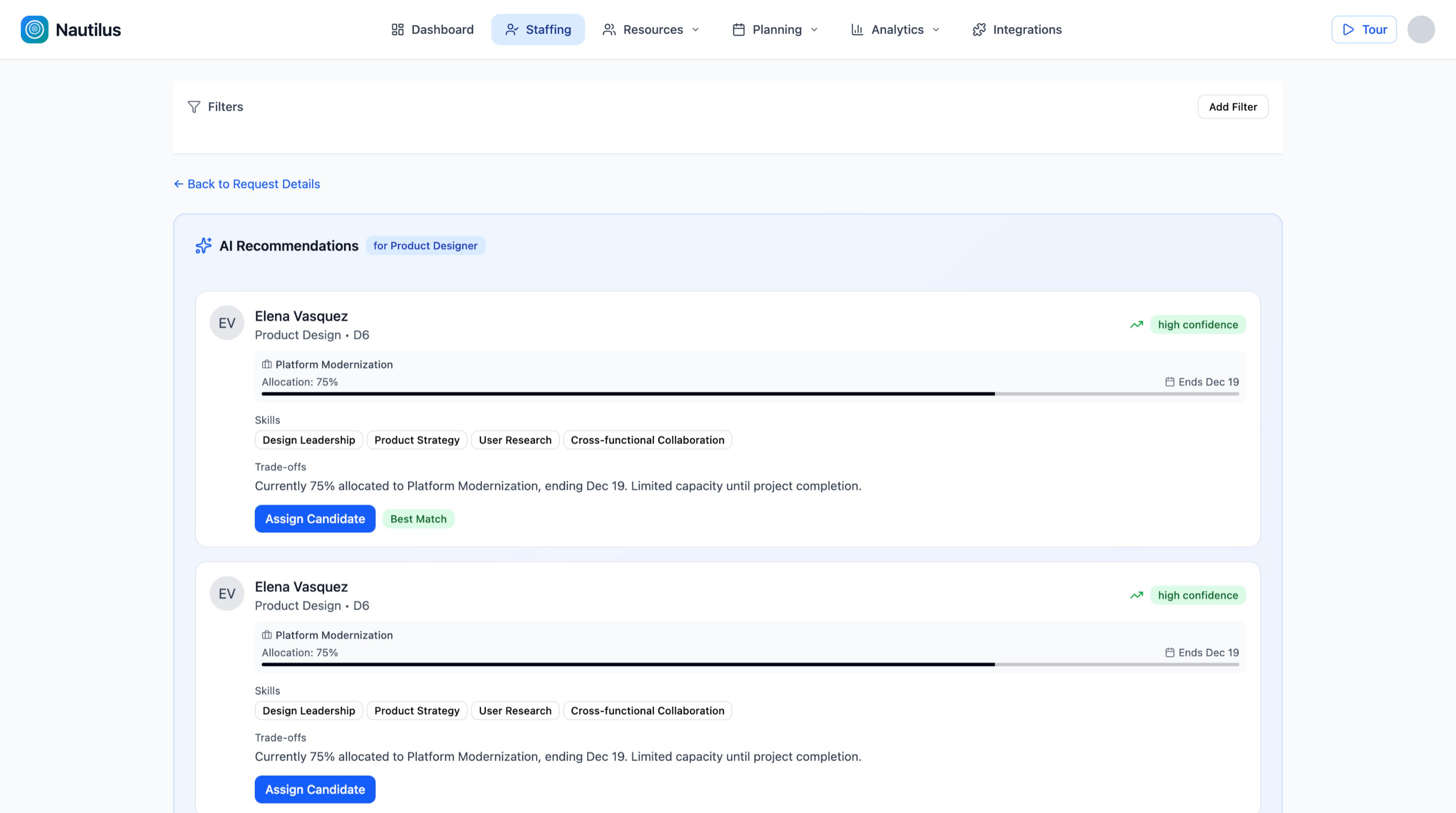 AI recommendation dashboard showing candidate matches